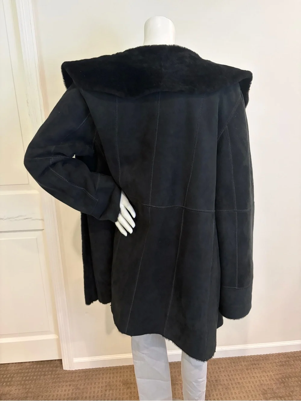 STEFANIA SARLE Black Genuine Nubuck Shearling Leather Button Up Coat